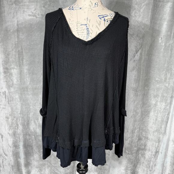 We The Free People Laguna Thermal Waffle Knit Thumbhole Top Medium Blk